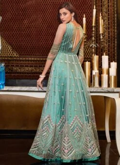 Turquoise Net Anarkali Suit Party Wear Party Wear -Deals Chic Lehenga Store turquoise net anarkali suit party wear slsaj25744628 b
