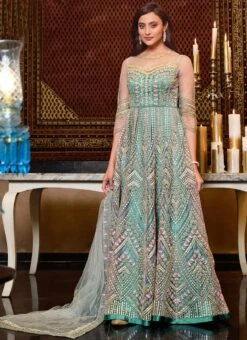 Turquoise Net Anarkali Suit Party Wear Party Wear -Deals Chic Lehenga Store turquoise net anarkali suit party wear slsaj25744628 u