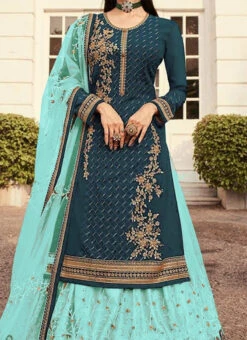 Turquoise Net Embroidered N Stones Long Choli Lehenga Party Wear