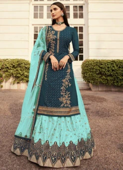 Turquoise Net Embroidered N Stones Long Choli Lehenga Party Wear -Deals Chic Lehenga Store turquoise net embroidered n stones long choli lehenga ghsak32737006d u