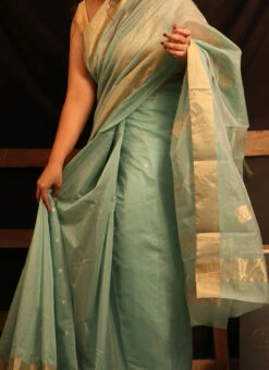 Turquoise Pure Chanderi Handloom Zari Work Saree Festive Wear