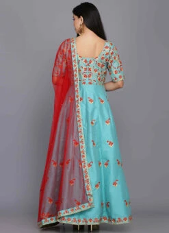 Turquoise Taffeta Silk Aari Thread Work Anarkali Suit Party Wear -Deals Chic Lehenga Store turquoise taffeta silk aari thread work anarkali suit slkifh990064 b