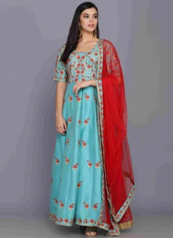 Turquoise Taffeta Silk Aari Thread Work Anarkali Suit Party Wear -Deals Chic Lehenga Store turquoise taffeta silk aari thread work anarkali suit slkifh990064 u