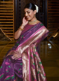 Violet Color Zari Work Banarasi Silk Saree Festive Wear -Deals Chic Lehenga Store violet color zari work banarasi silk saree sasacw4338 b