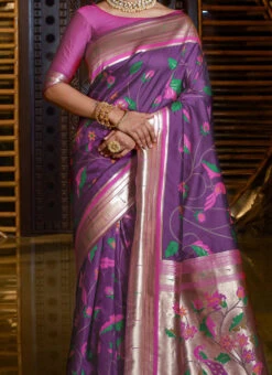 Violet Color Zari Work Banarasi Silk Saree Festive Wear