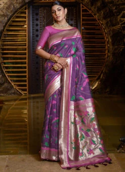 Violet Color Zari Work Banarasi Silk Saree Festive Wear -Deals Chic Lehenga Store violet color zari work banarasi silk saree sasacw4338 u