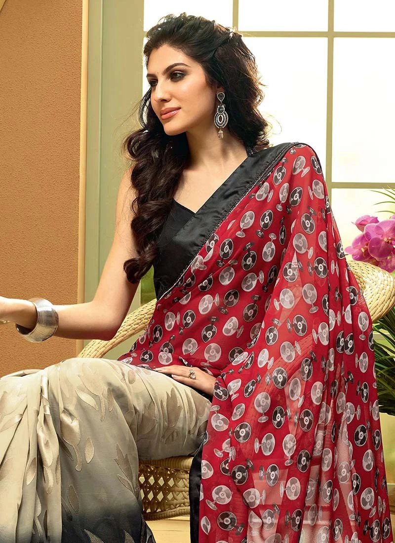 Voguish Beige, Black N Red Half N Half Saree Festive Wear 4 Voguish Beige, Black N Red Half N Half Saree Festive Wear - Image 4