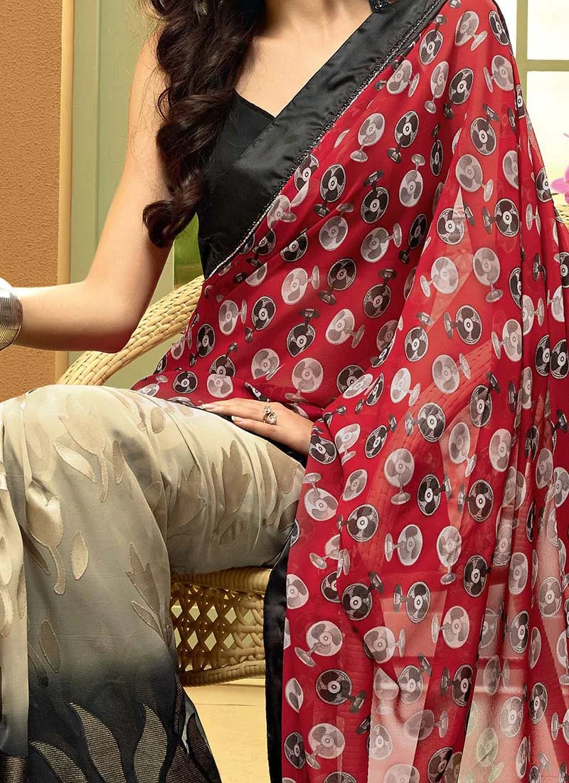 Voguish Beige, Black N Red Half N Half Saree Festive Wear 1 Voguish Beige, Black N Red Half N Half Saree Festive Wear