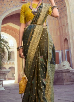 Woven Work Dark Grey Color Tissue Meena Saree Party Wear