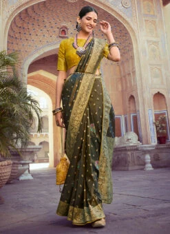 Woven Work Dark Grey Color Tissue Meena Saree Party Wear -Deals Chic Lehenga Store weaving work dark grey color tissue meena saree saspl4406 u