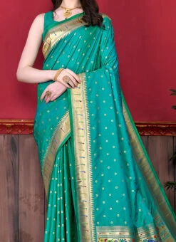 Weaving Work Turquoise Blue Color Litchi Silk Saree Party Wear