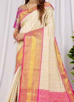 Weaving Work White Color Soft Litchi Silk Saree Festive Wear