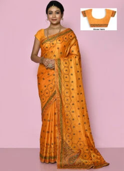 Wedding Wear Mustard Color Embroidered Pure Banarasi Silk Saree Wedding Wear -Deals Chic Lehenga Store wedding wear mustard color embroidered pure silk saree savns125d u
