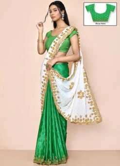 White And Green Faux Georgette Hand Work Sari Party Wear -Deals Chic Lehenga Store white and green faux georgette hand work sari sadsf7106 u