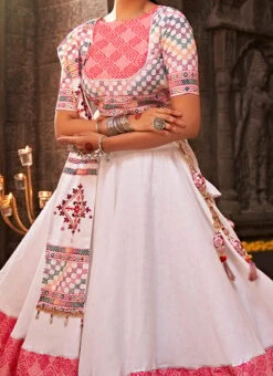 White Blended Cotton Printed Kutch Work Chaniya Choli Festive Wear