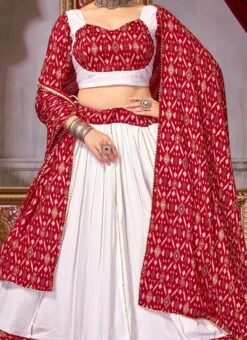 White Blended Cotton Printed Umbrella Lehenga Festive Wear