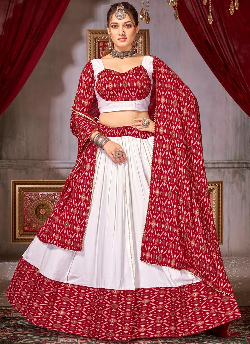 White Blended Cotton Printed Umbrella Lehenga Festive Wear 3 White Blended Cotton Printed Umbrella Lehenga Festive Wear - Image 3