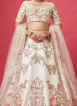 White Color Pure Silk Embroidered And Zari Work Umbrella Lehenga Wedding Wear