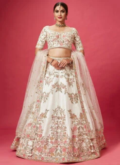 White Color Pure Silk Embroidered And Zari Work Umbrella Lehenga Wedding Wear -Deals Chic Lehenga Store white color pure silk embroidered and zari work umbrella lehenga ghmkns382b u