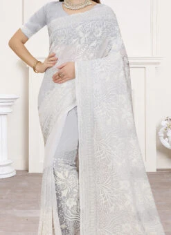White Color Resham Embroidery With Siroski Work Georgette Saree Party Wear