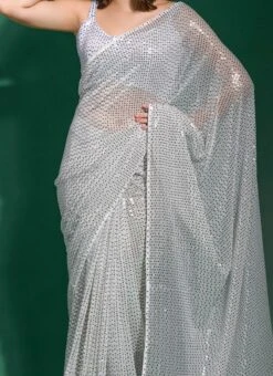 White Color Sequins Embroidery Work Georgette Saree Party Wear