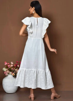 White Cotton Digital Print A Line Dress Work Wear -Deals Chic Lehenga Store white cotton digital print a line dress drsoas1573 b