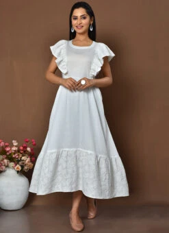 White Cotton Digital Print A Line Dress Work Wear -Deals Chic Lehenga Store white cotton digital print a line dress drsoas1573 u