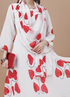 White Faux Georgette Digital Print Fit And Flare Dress After Six Wear