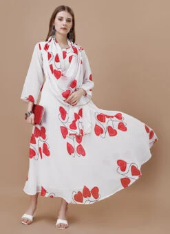 White Faux Georgette Digital Print Fit And Flare Dress After Six Wear -Deals Chic Lehenga Store white faux georgette digital print fit and flare dress drssck6005 u