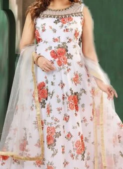 White Faux Georgette Embroidered Gown Party Wear