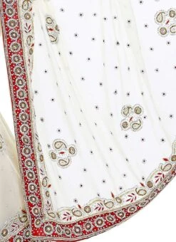 White Georgette Crystals Embellished Saree Party Wear