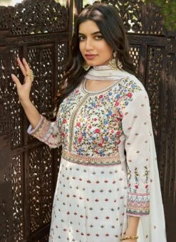 White Georgette Zari Embroidered Anarkali Suit Party Wear -Deals Chic Lehenga Store white georgette zari embroidered anarkali suit slsli18951025 b