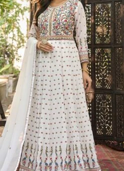 White Georgette Zari Embroidered Anarkali Suit Party Wear