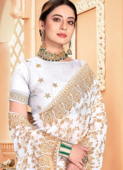 White Georgette Zari Embroidery Work Saree Party Wear -Deals Chic Lehenga Store white georgette zari embroidery work saree sasunfl1512 b