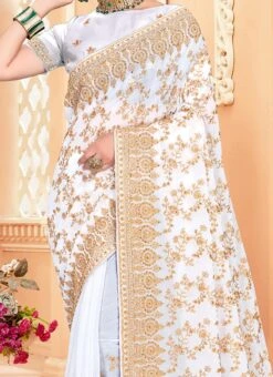White Georgette Zari Embroidery Work Saree Party Wear