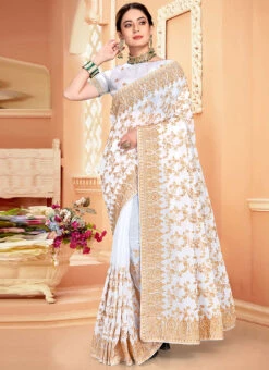 White Georgette Zari Embroidery Work Saree Party Wear -Deals Chic Lehenga Store white georgette zari embroidery work saree sasunfl1512 u