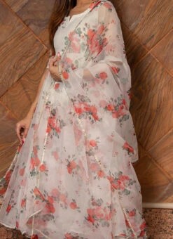 White Pure Organza Printed Anarkali Suit Party Wear