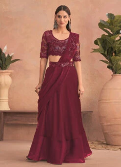 Wine Chinon Silk Embroidered Ready Pleated Saree Party Wear -Deals Chic Lehenga Store wine chinon silk embroidered ready pleated saree saska36307302b u