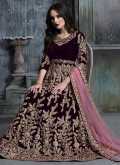 Wine Embroidered Abaya Style Anarkali Suit Party Wear -Deals Chic Lehenga Store wine embroidered abaya style anarkali suit slscc1601 b