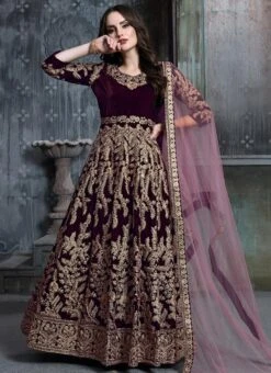 Wine Embroidered Abaya Style Anarkali Suit Party Wear -Deals Chic Lehenga Store wine embroidered abaya style anarkali suit slscc1601 u