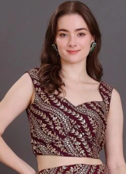 Wine Embroidered Sleeveless Blouse Wedding Wear -Deals Chic Lehenga Store wine embroidered sleeveless blouse BLBS02309127 u