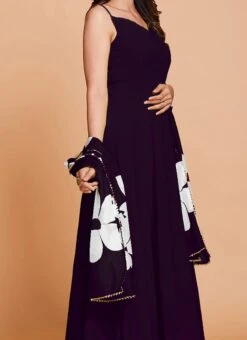 Wine Faux Georgette Digital Print Duppata Gown After Six Wear