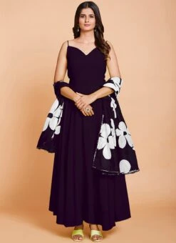 Wine Faux Georgette Digital Print Duppata Gown After Six Wear -Deals Chic Lehenga Store wine faux georgette digital print duppata gown bgwrsak4724w243 u