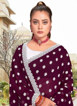 Wine Faux Georgette Embroidered Half And Half Saree Party Wear -Deals Chic Lehenga Store wine faux georgette embroidered half and half saree sasunk2093 b