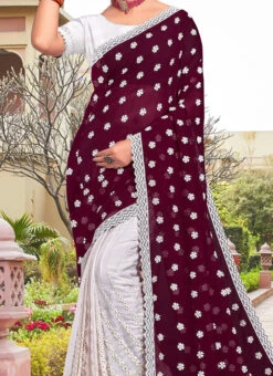 Wine Faux Georgette Embroidered Half And Half Saree Party Wear