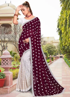Wine Faux Georgette Embroidered Half And Half Saree Party Wear -Deals Chic Lehenga Store wine faux georgette embroidered half and half saree sasunk2093 u