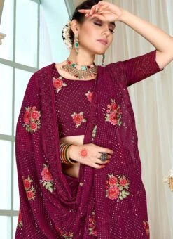 Wine Georgette Embroidery N Sequins Saree Party Wear -Deals Chic Lehenga Store wine georgette embroidery n sequins saree sasuni1664 b