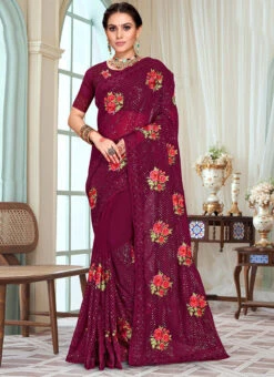 Wine Georgette Embroidery N Sequins Saree Party Wear -Deals Chic Lehenga Store wine georgette embroidery n sequins saree sasuni1664 u