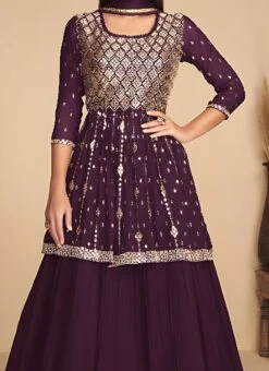 Wine Georgette Sequins Long Choli Umbrella Lehenga Party Wear