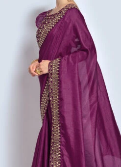 Wine Vichitra Silk Embroidered Saree Party Wear